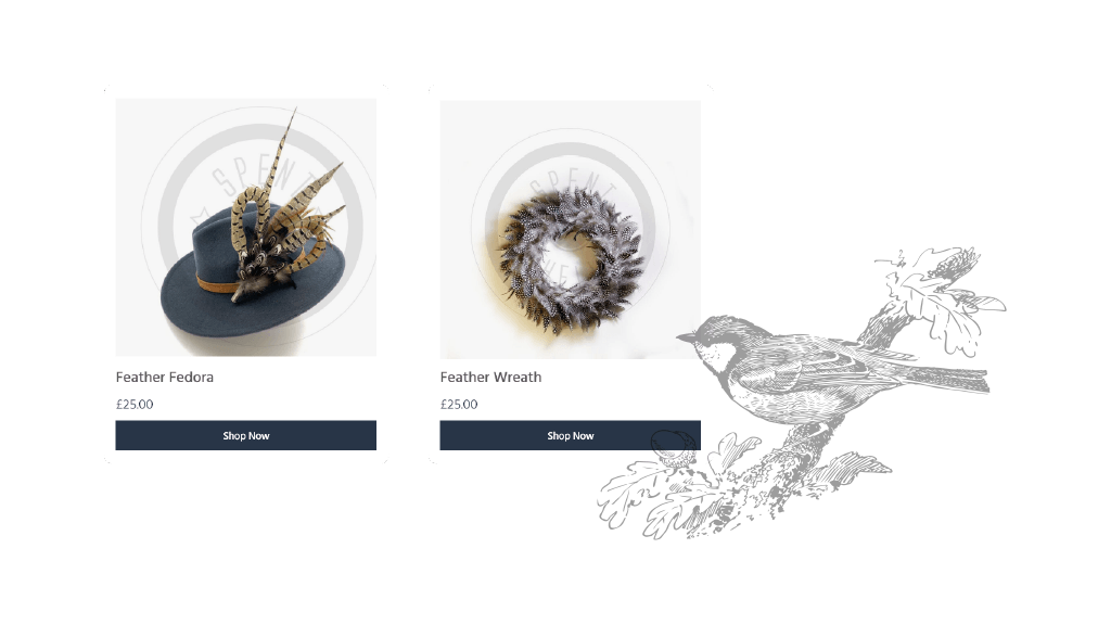 A fedora and wreath product card with a bird illustration on the right