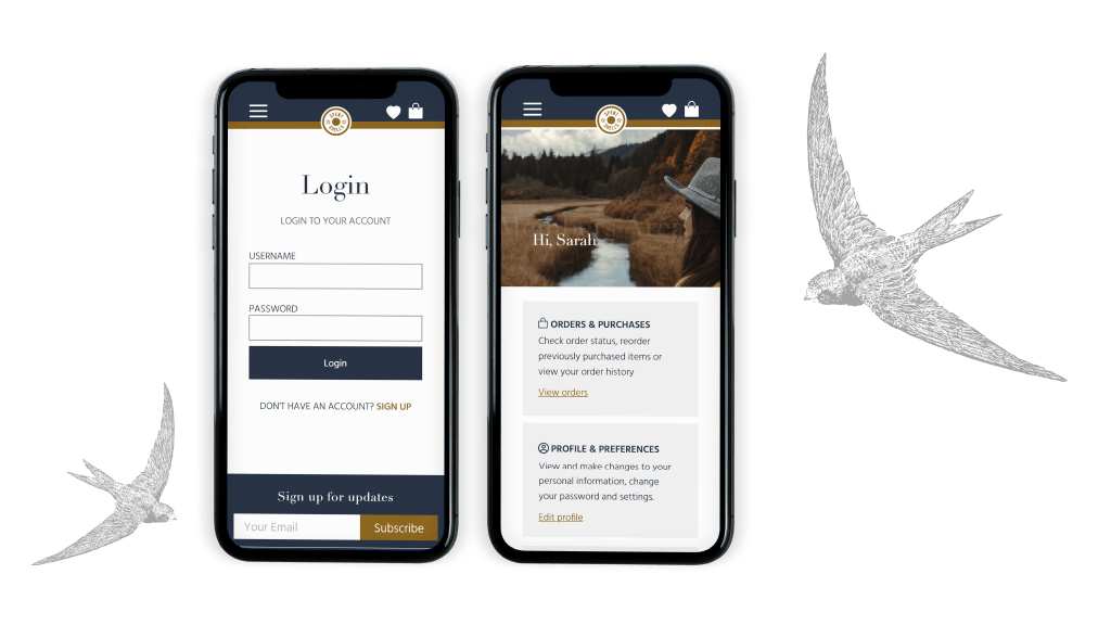 Two mobile mockups of a login page for an online clothing retailer