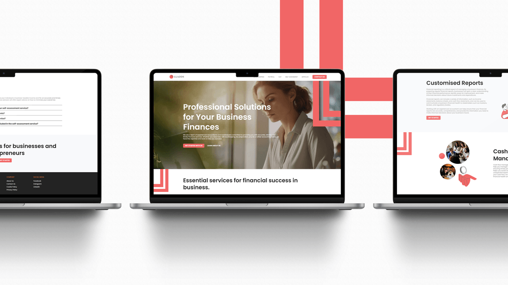 Three laptops side by side displaying the Lladds website with a decorative, gradient background