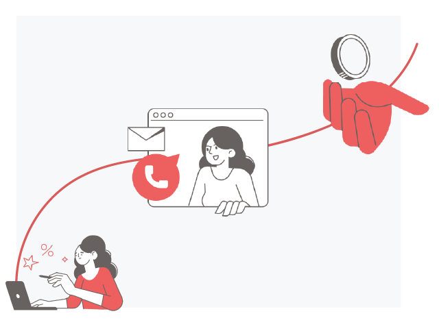 Three illustrations of a woman working spread out across a curvy line