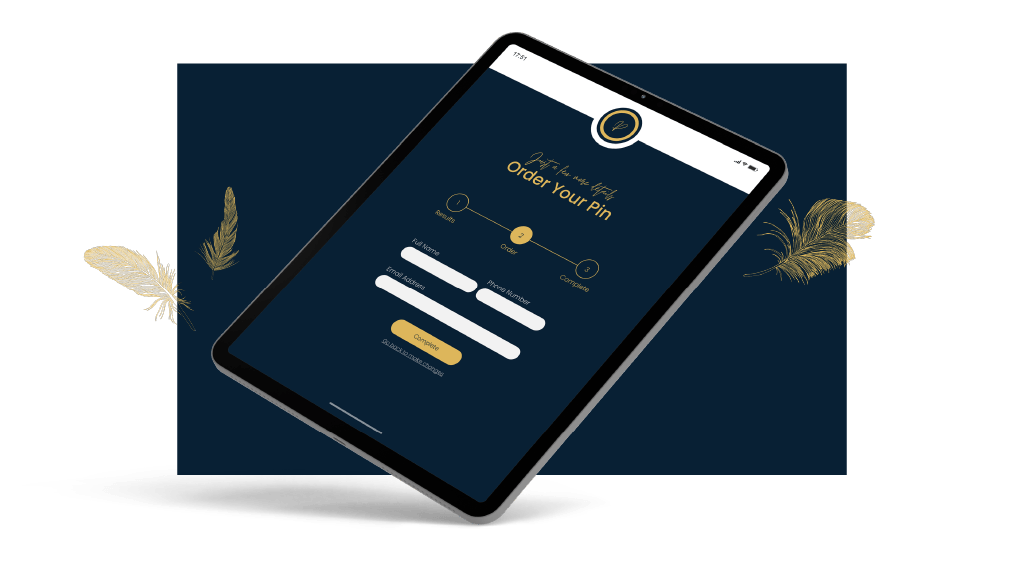 A tablet mockup displaying a bespoke feather-pins retail site