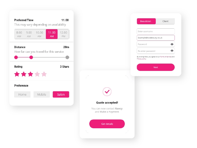 Three feature UI cards of a mobile beauty focused app