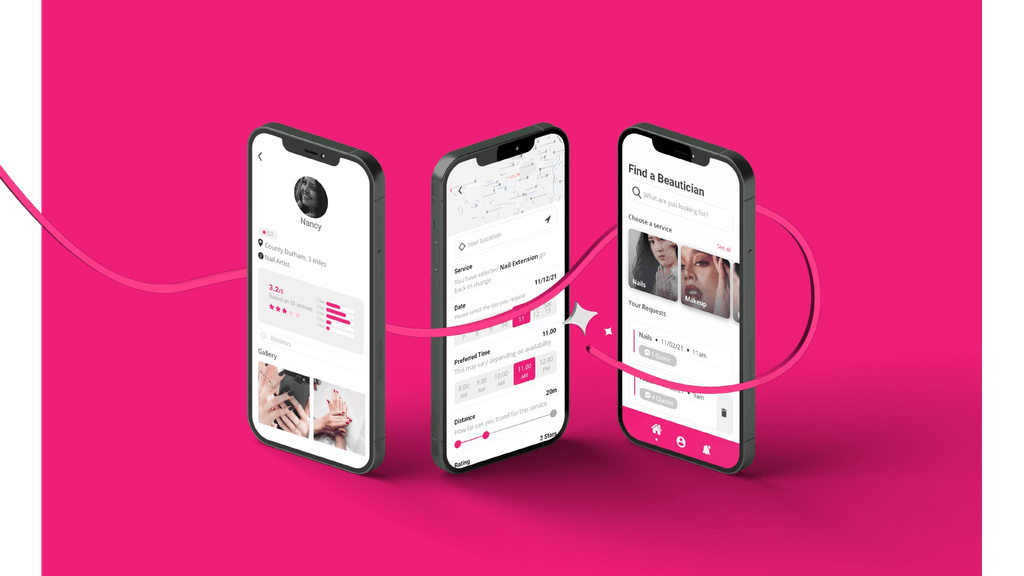Mobile mockup screenshots of a beauty-focused mobile app