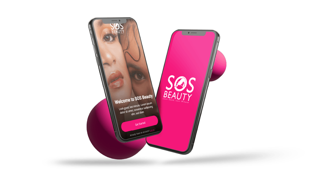 Two floating mobile displaying the SOS Beauty app