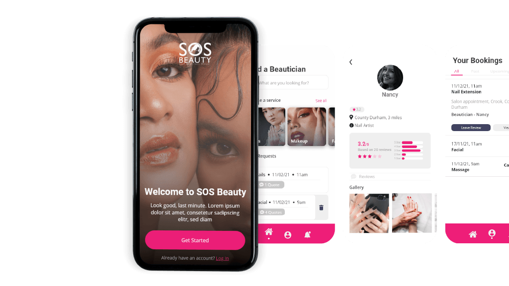 Screen shots of the SOS Beauty mobile app