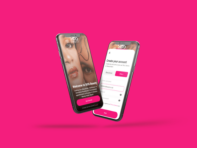 Two floating mobile displaying the SOS Beauty app